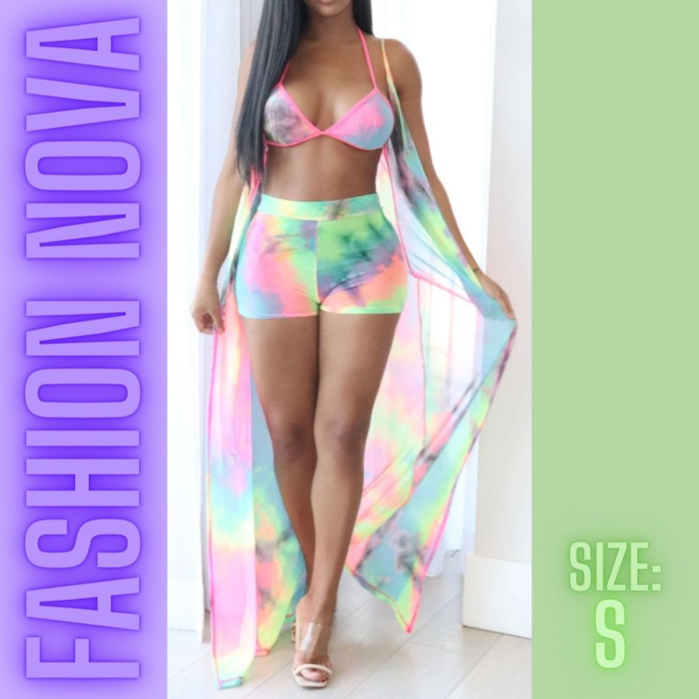 3 Piece Tie-Dye Bikini & Cover-Up - Fashion Nova